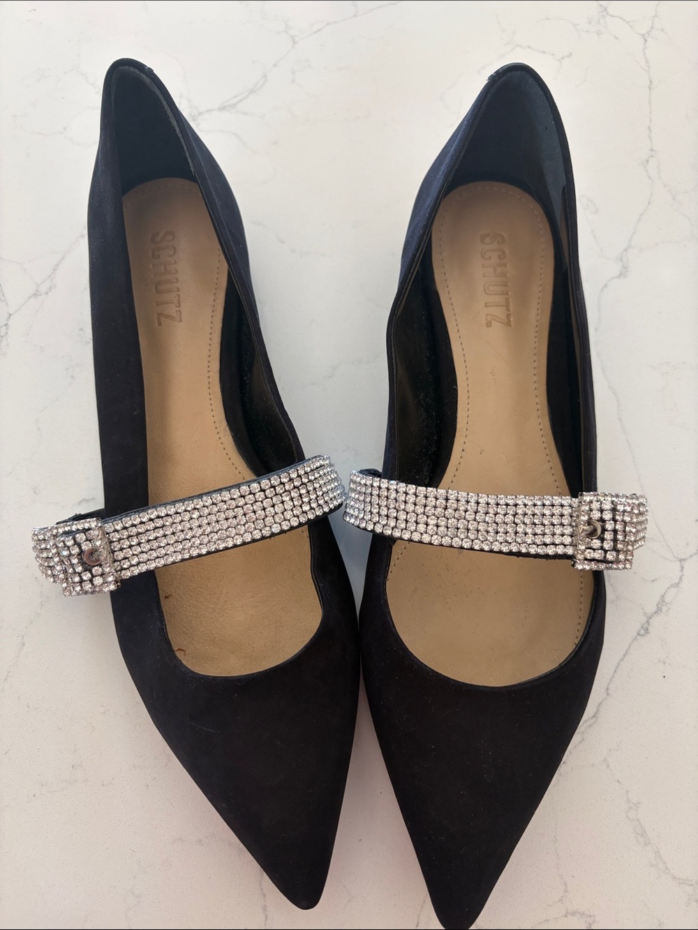 SCHUTZ Black Pointed Flats with Crystal Mary Jane Strap brand new